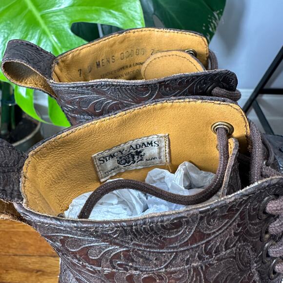 VTG Stacy Adams Tooled Leather Brogue Boots Men 7D Wmn 8.5 Paisley Floral 90s - Picture 10 of 15